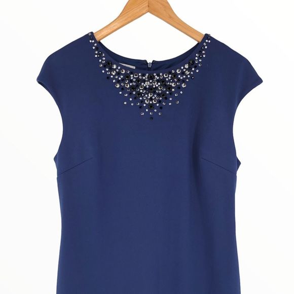 Maggy London Evening Blue Cap Sleeve Rhinestone Neckline Sheath Dress NWT 14 - Picture 2 of 14